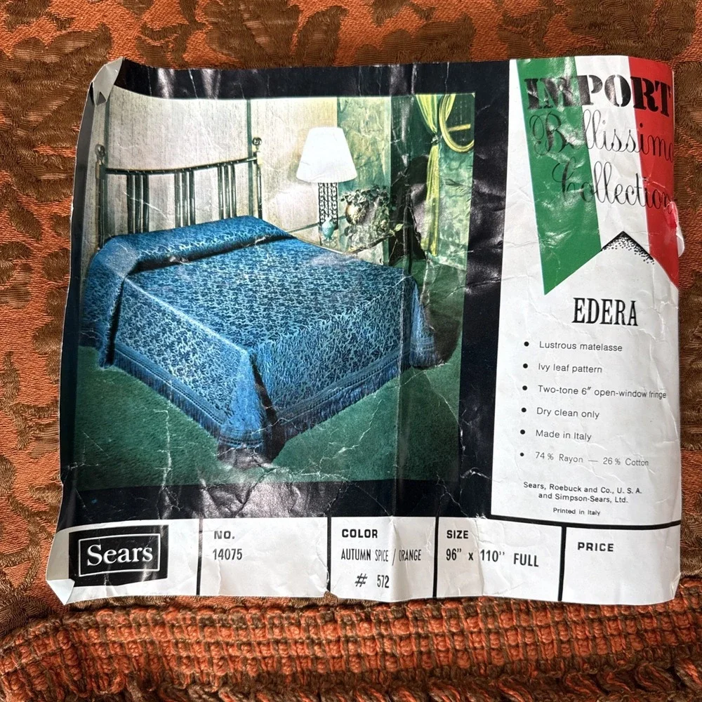 Vintage MCM Orange Brown Coverlet Bedspread Sears Bellissimo Italy Full Fringe
